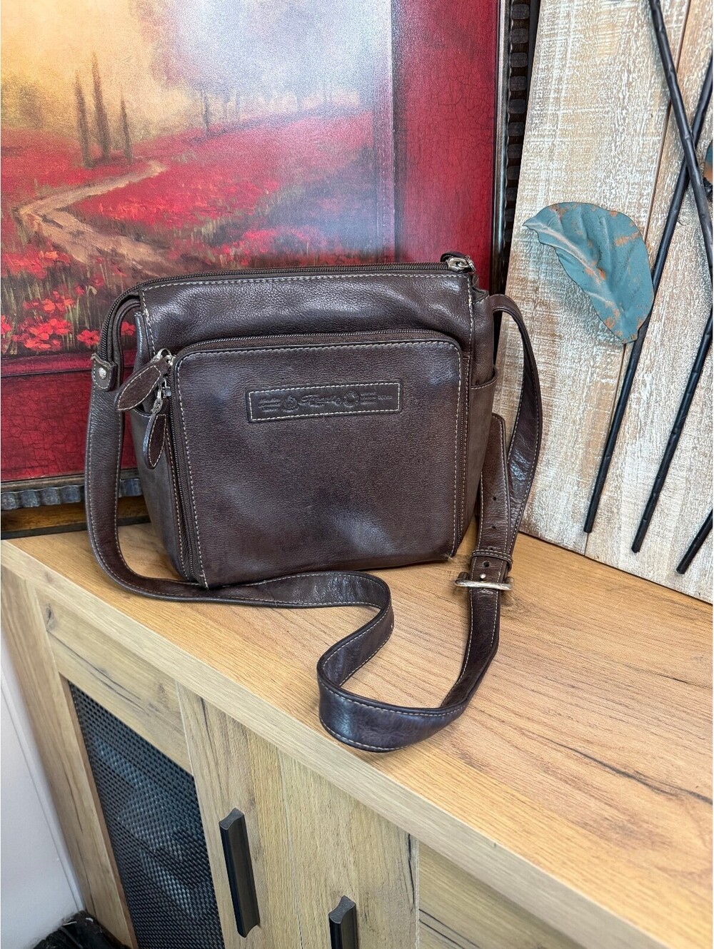 Fossil Brown Leather Crossbody Organizer Bag with Key Charm